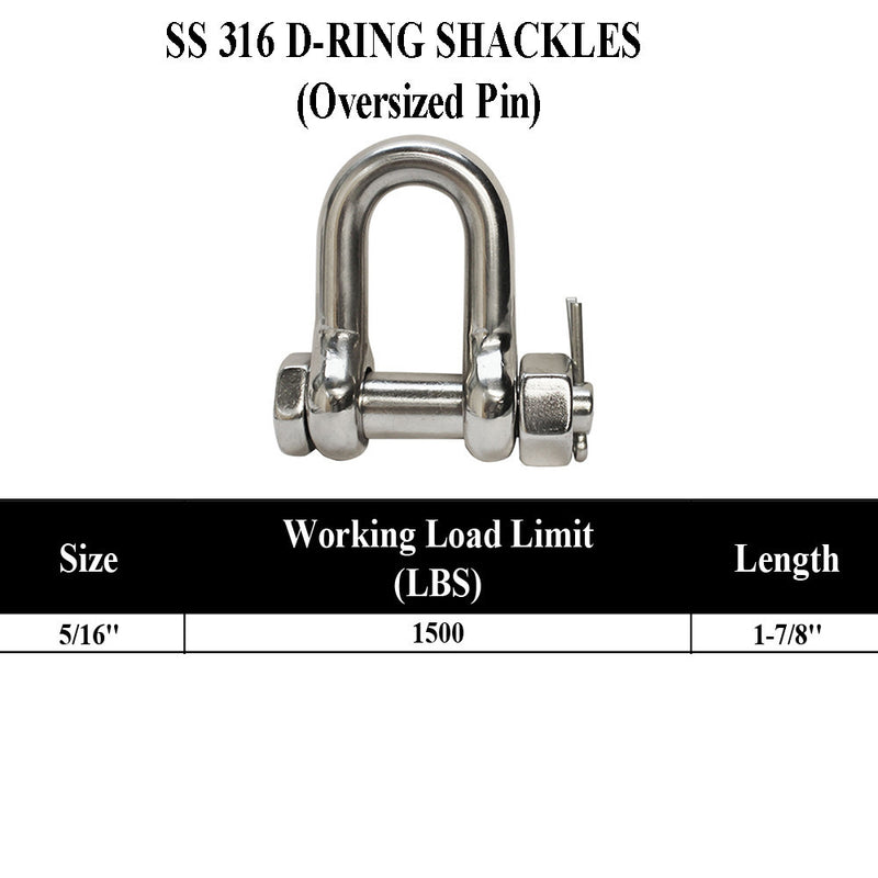 Stainless Steel 316 Bolt Pin Chain D-RING SHACKLES 3/16" to 3/4" Oversized Pin