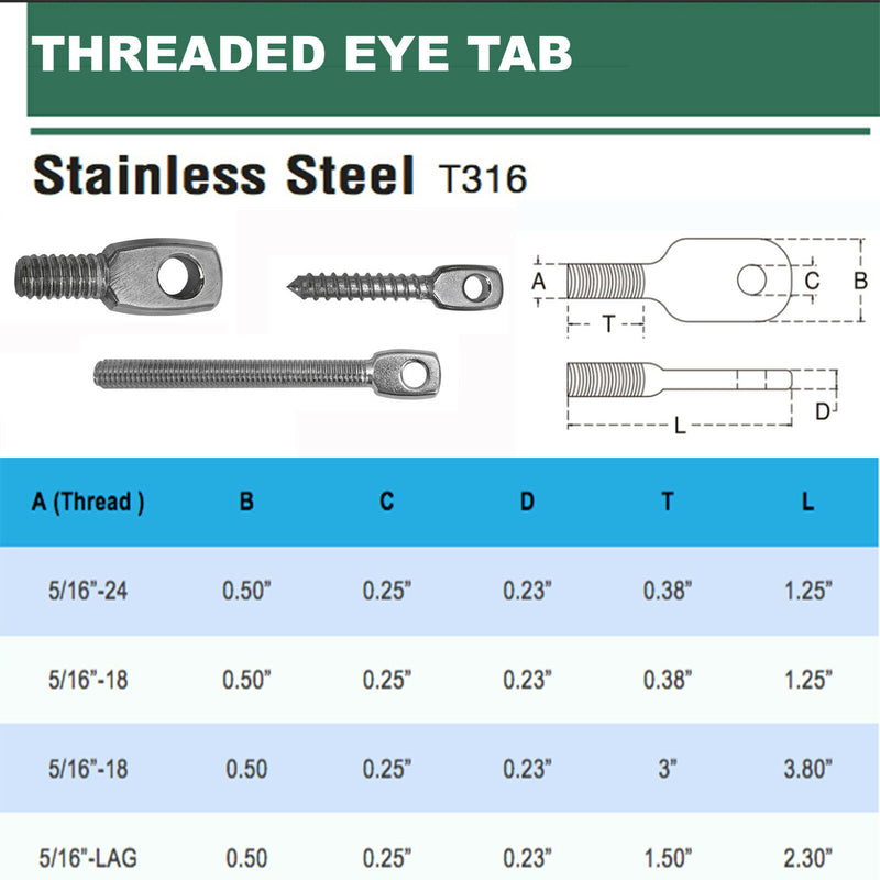 Stainless Steel 316 Threaded Eye Tab 18 Thread,24 Thread,Lag Thread Size-PACK 5