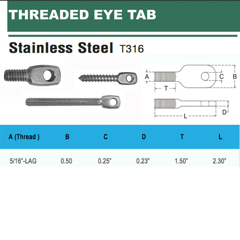 Stainless Steel 316 Threaded Eye Tab 18 Thread,24 Thread,Lag Thread Size-PACK 5