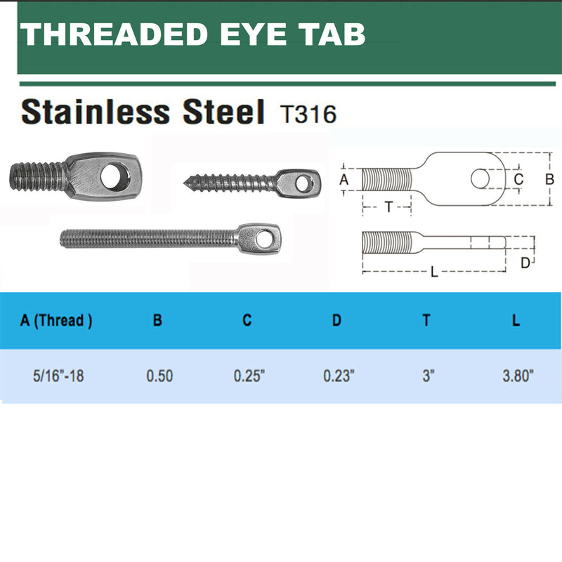 Stainless Steel 316 Threaded Eye Tab 18 Thread,24 Thread,Lag Thread Size-PACK 5