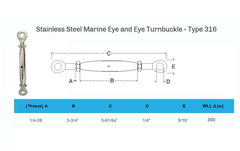 1/4'' Marine Stainless Steel Closed Body Turnbuckle EYE EYE Rig 300 Lbs