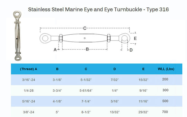 Stainless Steel EYE EYE Closed Body Turnbuckle 3/16", 1/4", 5/16", 3/8"