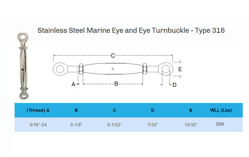 Stainless Steel EYE EYE Closed Body Turnbuckle 3/16", 1/4", 5/16", 3/8"