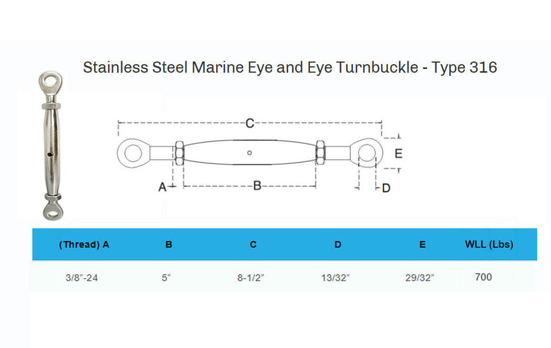 3/8'' Marine Stainless Steel Closed Body Turnbuckle EYE EYE Rigging Boat 700Lbs