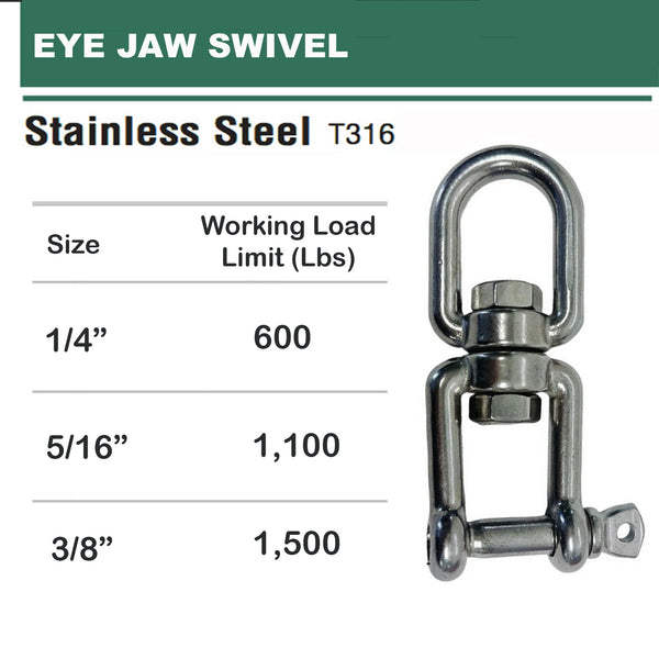 Stainless Steel 316 EYE JAW Swivel 1/4", 5/16", 3/8" Swivel Marine Mooring