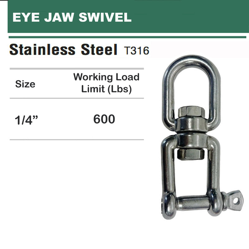 Stainless Steel 316 EYE JAW Swivel 1/4", 5/16", 3/8" Swivel Marine Mooring