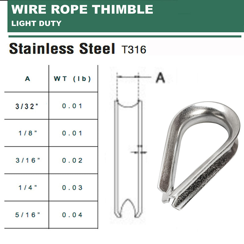 Stainless Steel 316 LIGHT DUTY Wire Rope Chain Thimble 3/32", 1/8", 3/16", 1/4", 5/16"