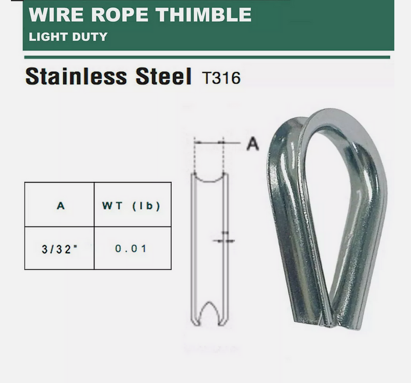 Stainless Steel 316 LIGHT DUTY Wire Rope Chain Thimble 3/32", 1/8", 3/16", 1/4", 5/16"