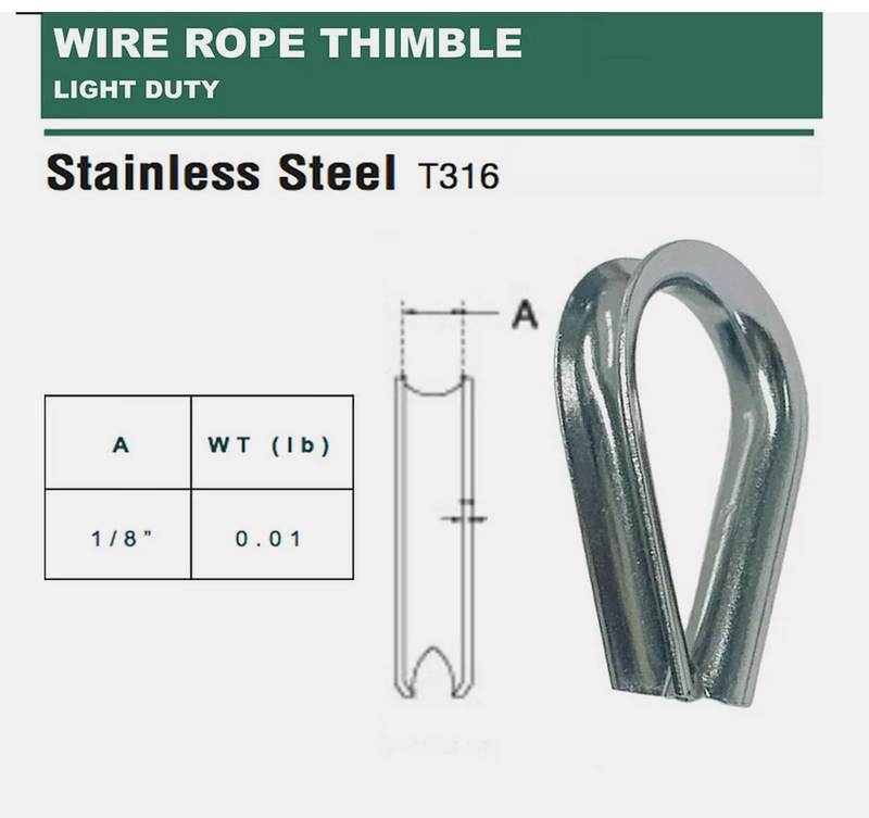 Stainless Steel 316 LIGHT DUTY Wire Rope Chain Thimble 3/32", 1/8", 3/16", 1/4", 5/16"