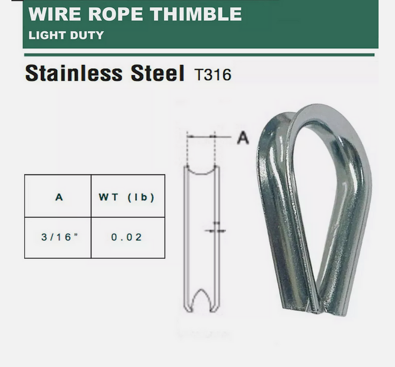 Stainless Steel 316 LIGHT DUTY Wire Rope Chain Thimble 3/32", 1/8", 3/16", 1/4", 5/16"