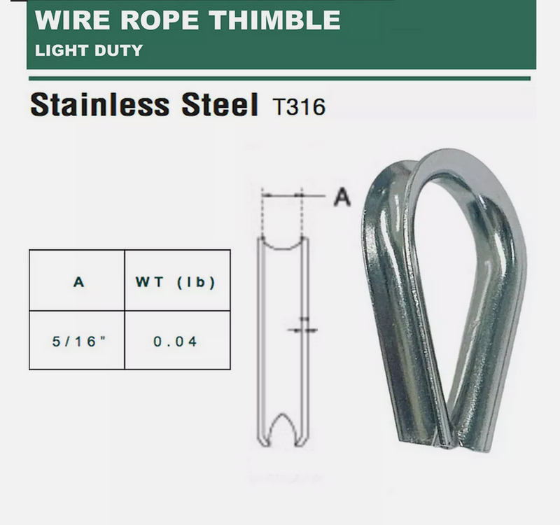 Stainless Steel 316 LIGHT DUTY Wire Rope Chain Thimble 3/32", 1/8", 3/16", 1/4", 5/16"