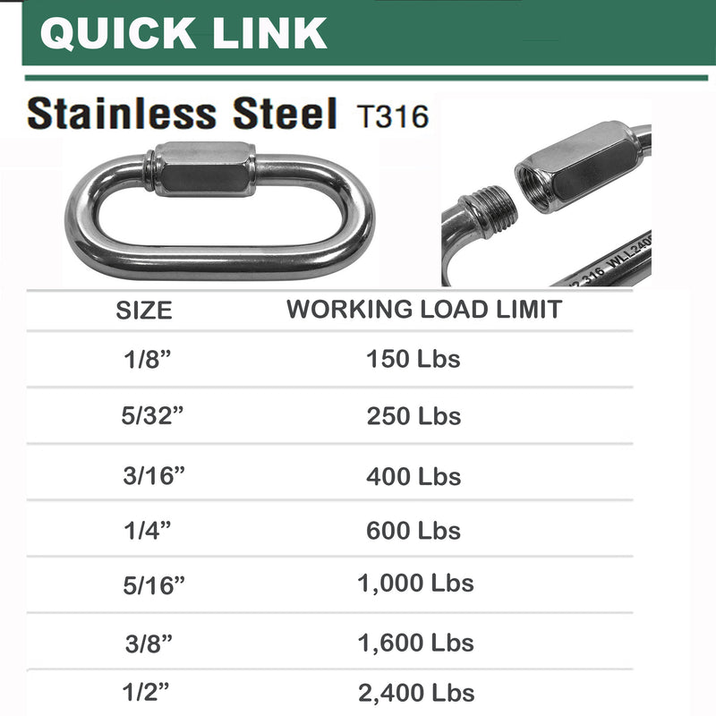 Stainless Steel 316 Quick Link 1/8", 5/32", 3/16", 1/4", 5/16", 3/8", 1/2"