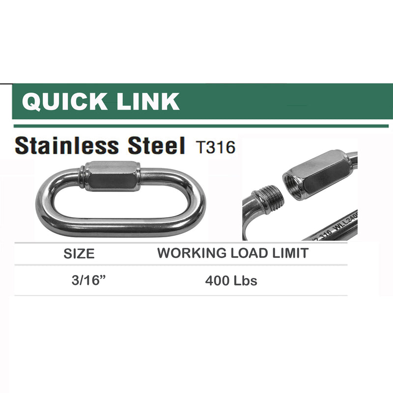 Stainless Steel 316 Quick Link 1/8", 5/32", 3/16", 1/4", 5/16", 3/8", 1/2"