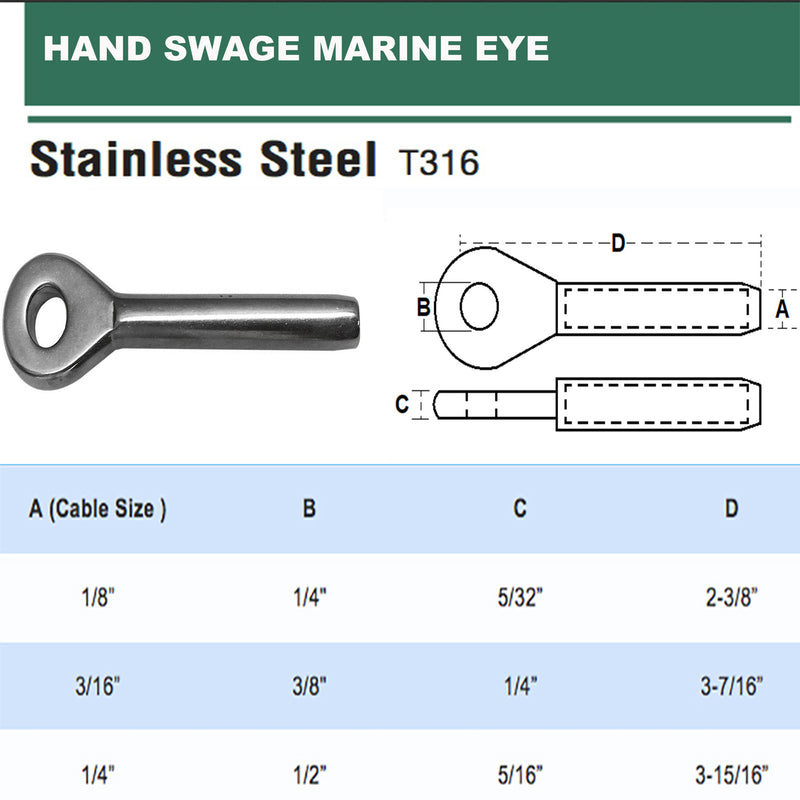 1/8", 3/16", 1/4" Stainless Steel 316 Hand Swage Marine Eye - PACK 5