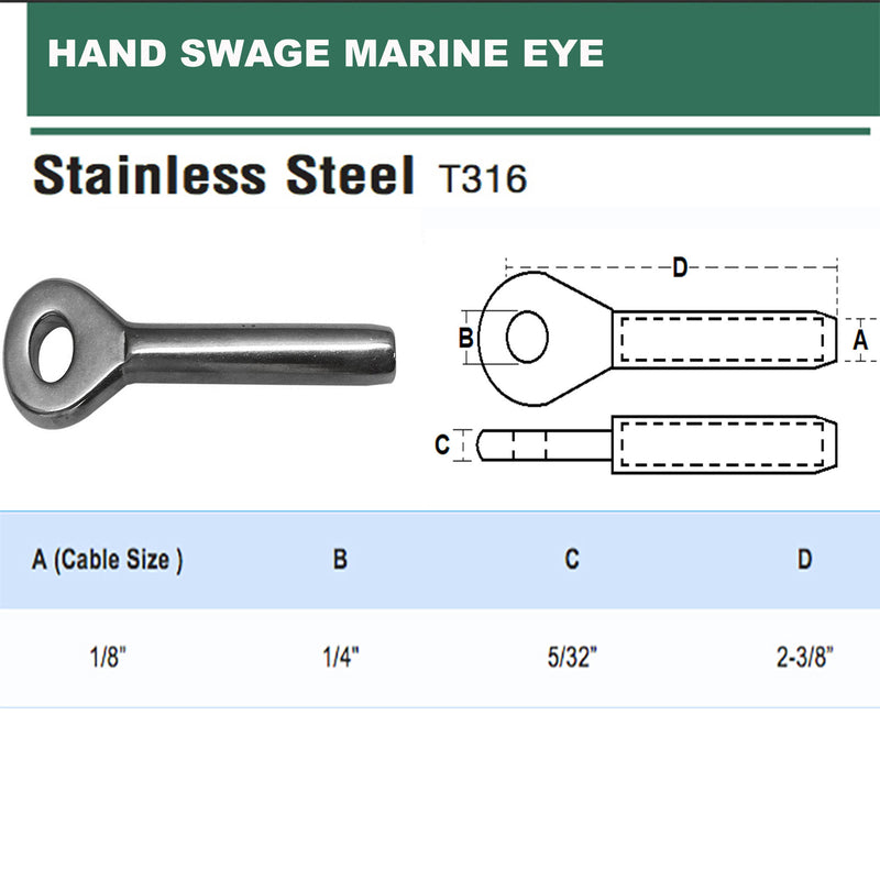 1/8", 3/16", 1/4" Stainless Steel 316 Hand Swage Marine Eye - PACK 5