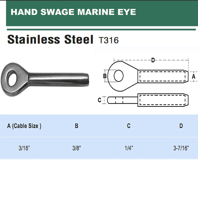 1/8", 3/16", 1/4" Stainless Steel 316 Hand Swage Marine Eye - PACK 5