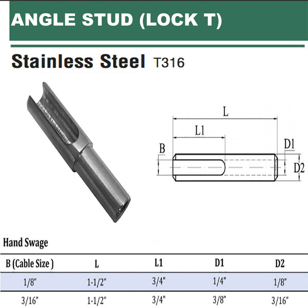 316 Stainless Steel Hand Swage Angle Stud for 1/8", 3/16" Cable Railing (PACK 5)