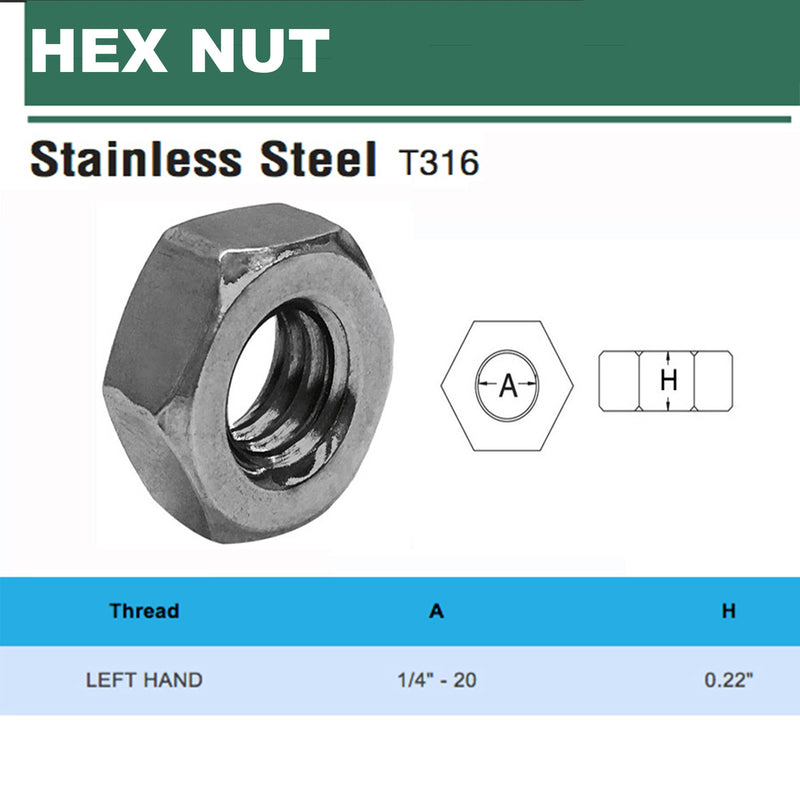 Stainless Steel 316 Hex Nut LEFT HAND, RIGHT HAND - PACK 20