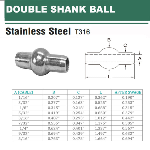 Double Shank Ball Swage Fittings Terminal Cable Wire Rope 1/16" to 5/16"