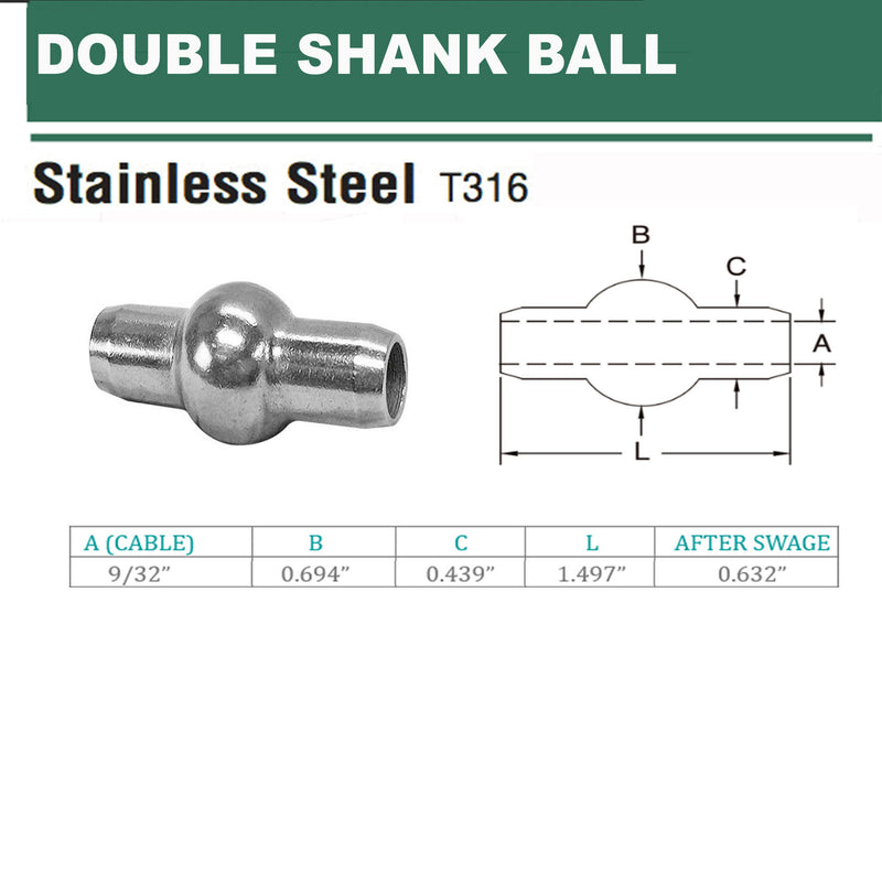 Double Shank Ball Swage Fittings Terminal Cable Wire Rope 1/16" to 5/16"