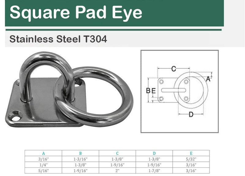 Stainless Steel 304 Square Pad Eye Plate W Ring 3/16",1/4",5/16" Welded Formed Marine Rigging