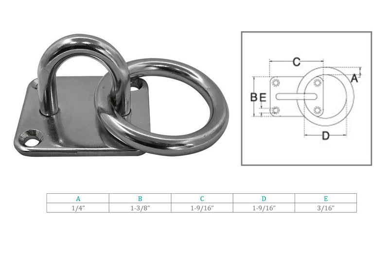 Stainless Steel 304 Square Pad Eye Plate W Ring 3/16",1/4",5/16" Welded Formed Marine Rigging