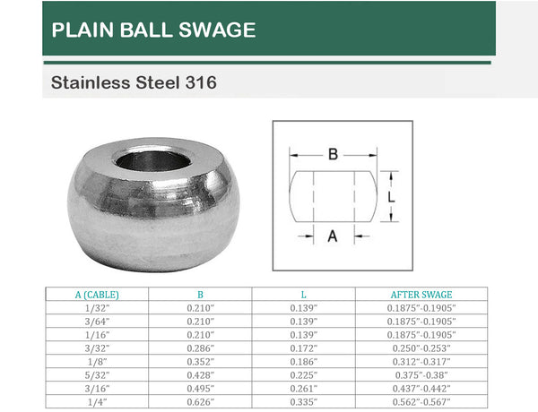 Stainless Steel 316 Plain Ball Swage End Fitting Terminal Cable Wire 10 Pc Set