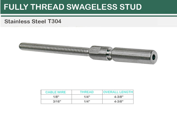 Stainless Steel T316 Swageless Stud 1/4" Full Thread For 1/8",3/16" Cable Wire