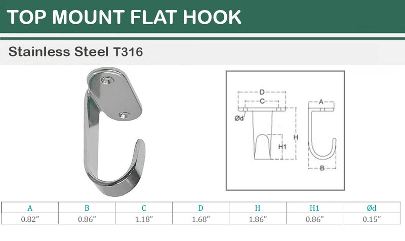 Marine Boat Stainless Steel T316 Top Mount Flat Hook SS Single Hook