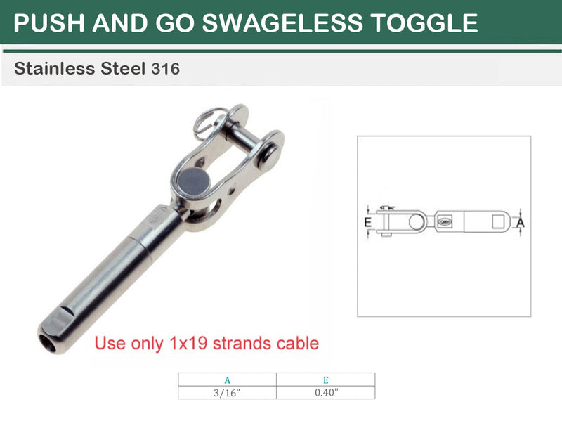 Marine Boat T316 Stainless Steel 3/16" Push And Go Swageless Toggle 3/16" Cable