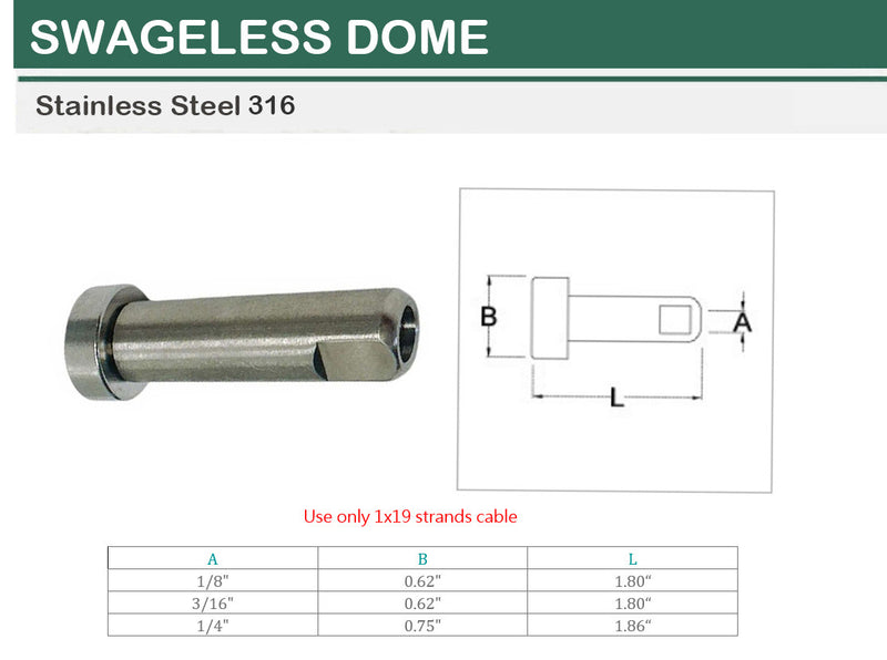 Marine Boat T316 Stainless Steel Push And Go Swageless Dome For Cable Wire