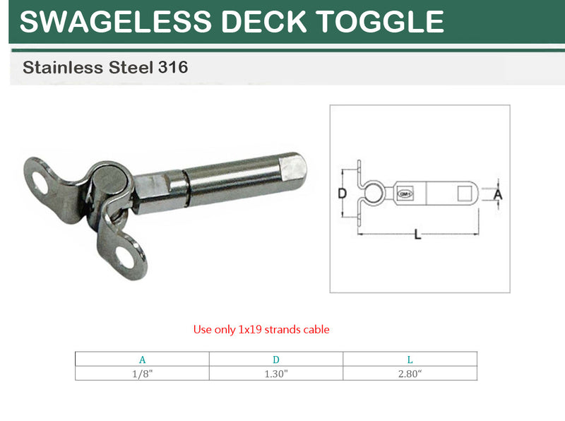 Marine T316 Stainless Steel Push And Go Swageless Deck Toggle For Cable Wire