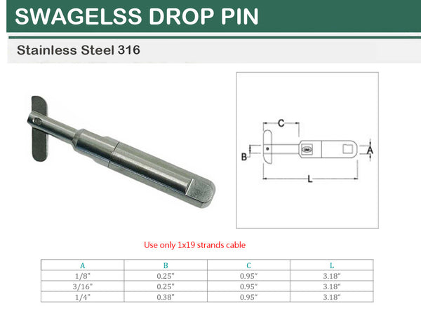 Marine Boat T316 Stainless Steel Push And Go Swageless Drop Pin For Cable Wire