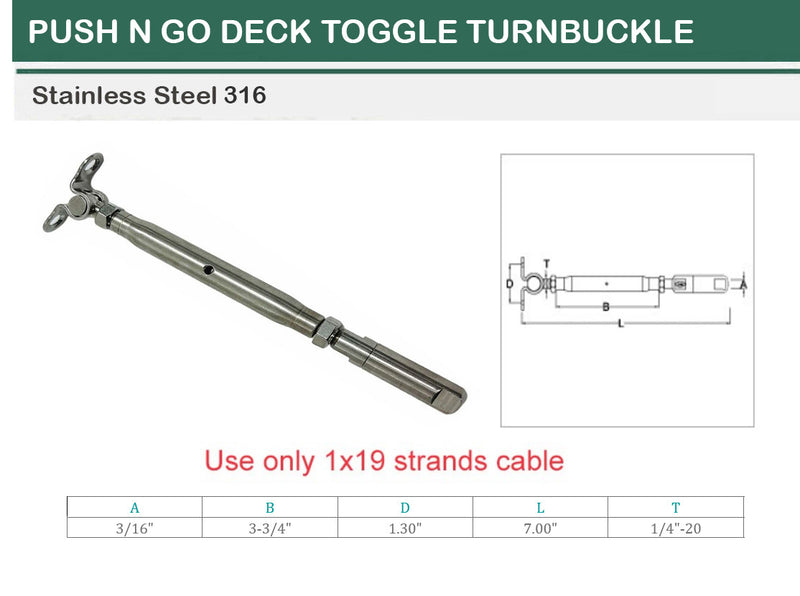 T316 Stainless Steel Push And Go Deck Toggle Turnbuckle For 3/16", 1/4" Cable