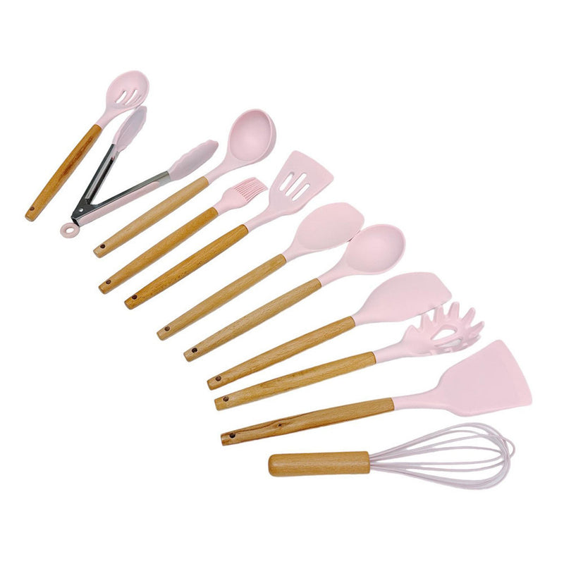 11 Pc Silicone Kitchen Utensil Set Spatula Spoon Pasta Serving Tong Whisk - PINK