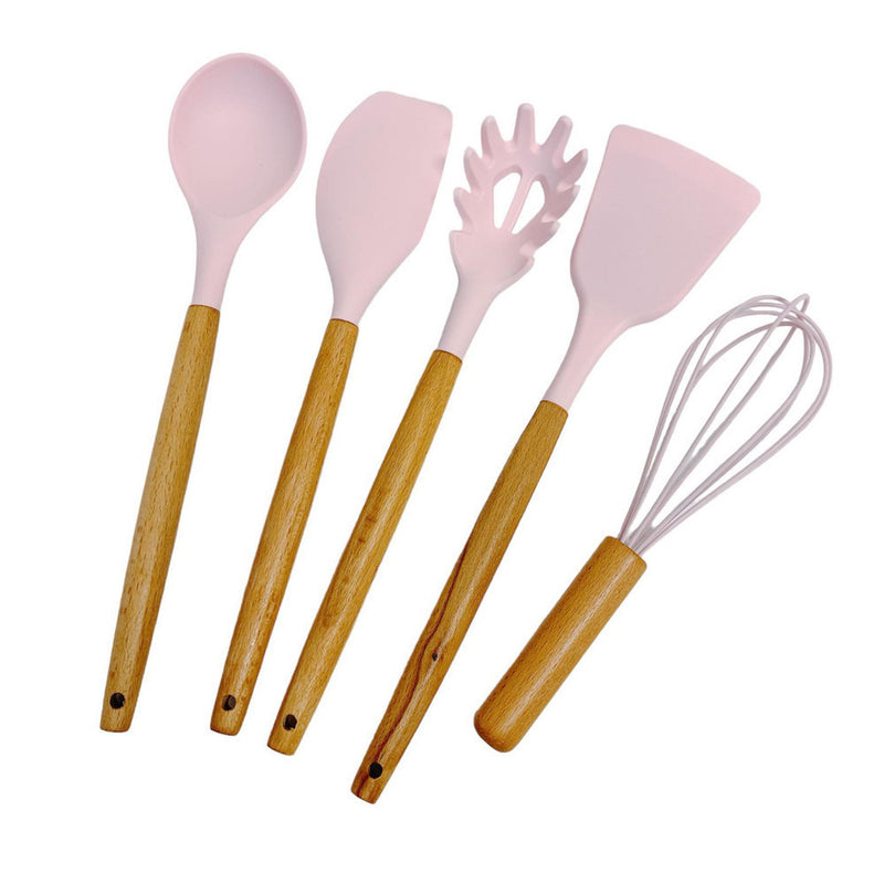 11 Pc Silicone Kitchen Utensil Set Spatula Spoon Pasta Serving Tong Whisk - PINK