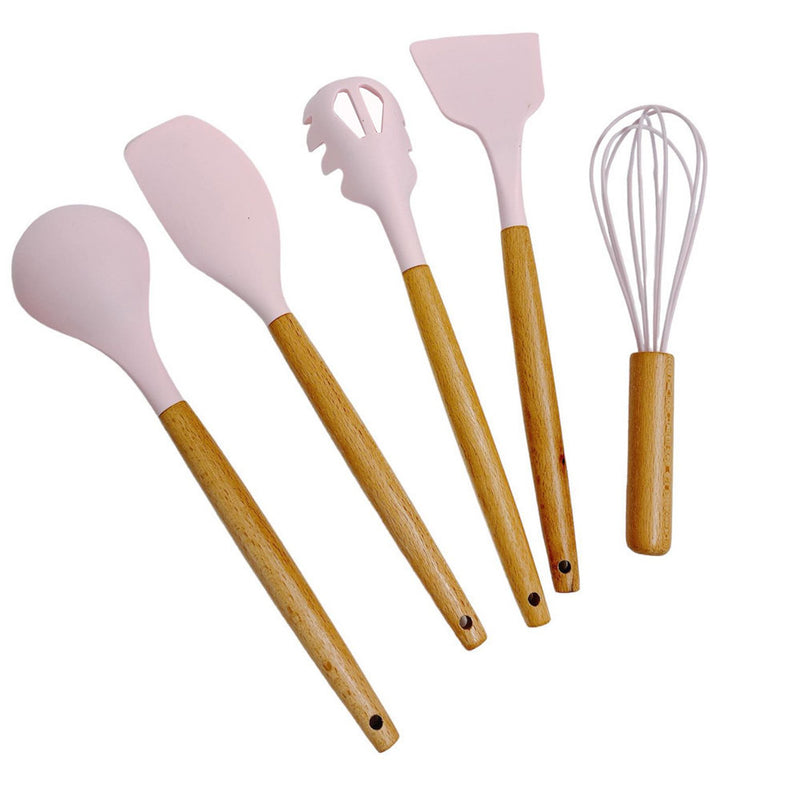 11 Pc Silicone Kitchen Utensil Set Spatula Spoon Pasta Serving Tong Whisk - PINK