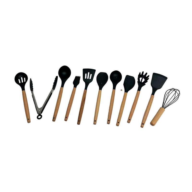 11 Pc Silicone Kitchen Utensil Set Spatula Spoon Pasta Serving Tong Whisk, BLACK