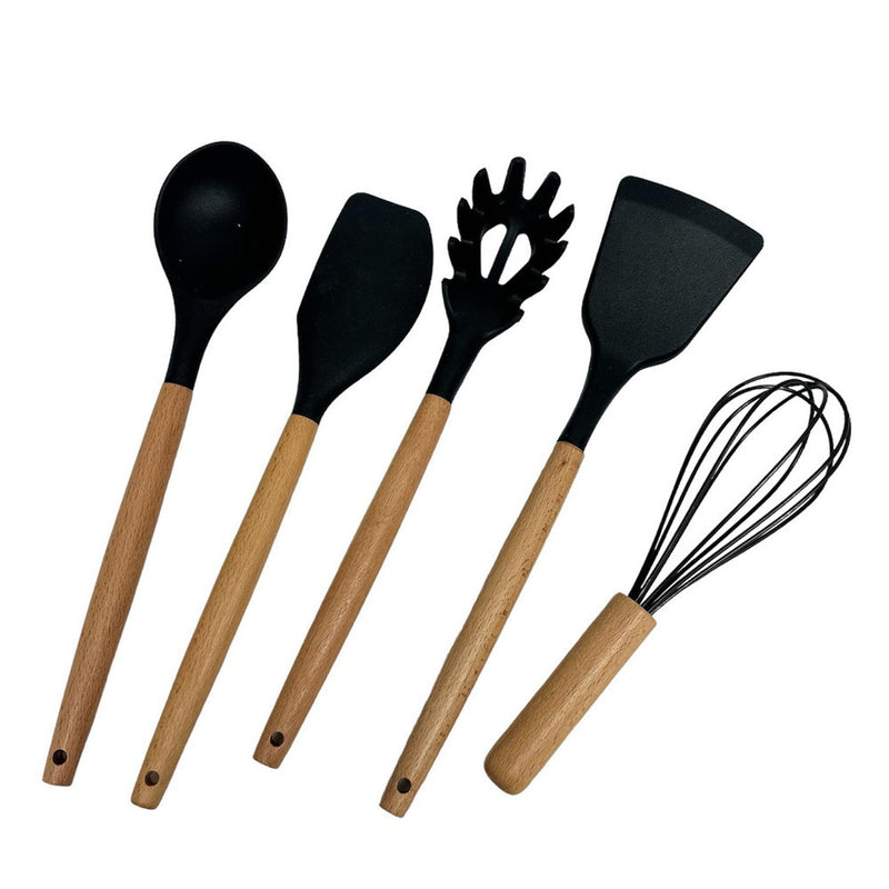 11 Pc Silicone Kitchen Utensil Set Spatula Spoon Pasta Serving Tong Whisk, BLACK