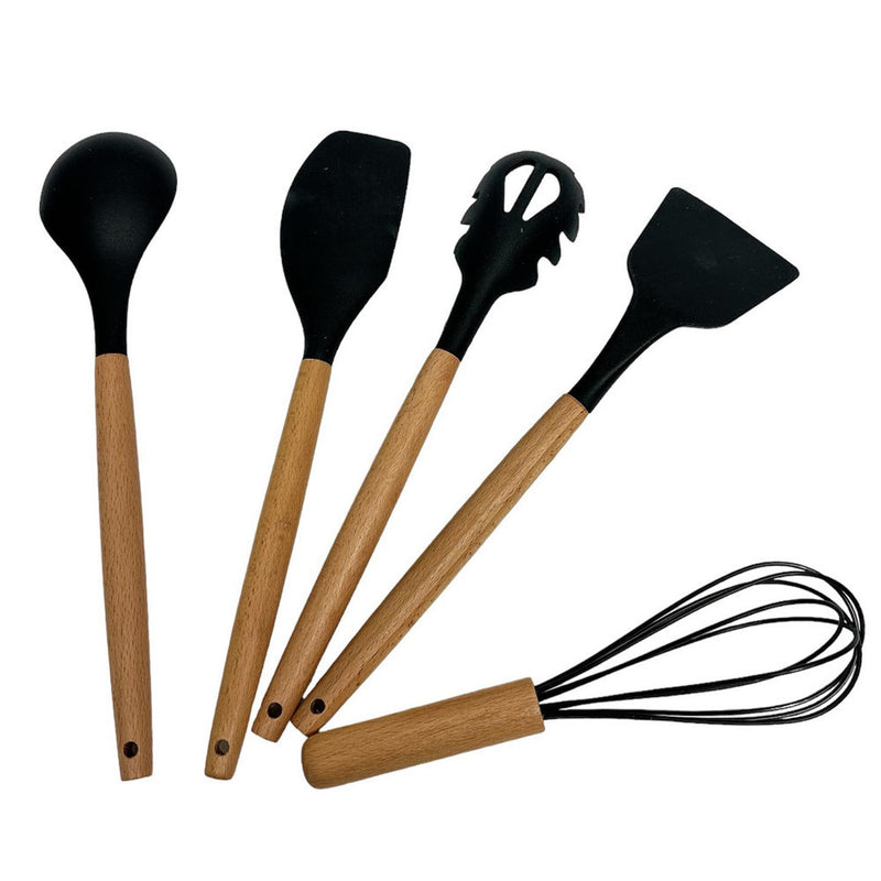 11 Pc Silicone Kitchen Utensil Set Spatula Spoon Pasta Serving Tong Whisk, BLACK