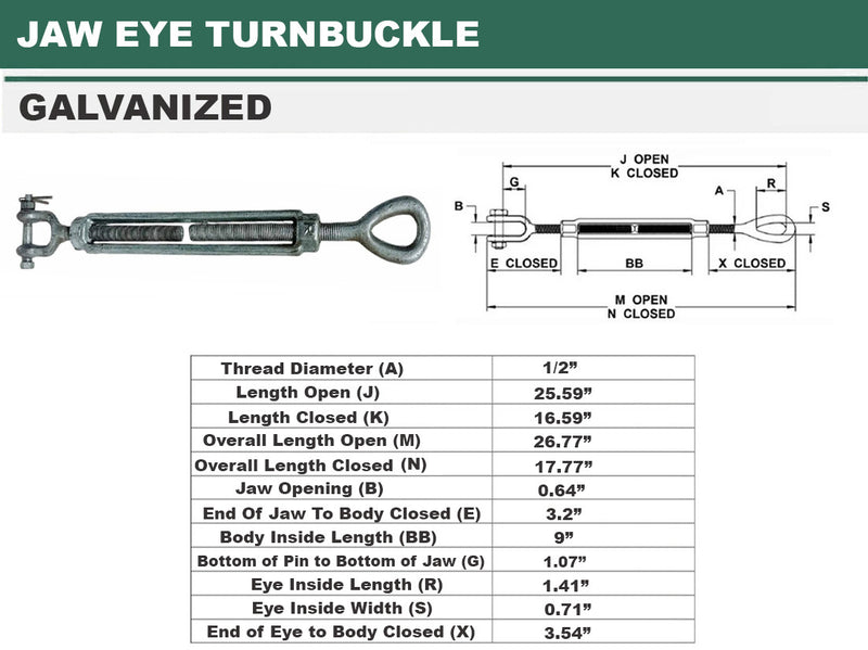 1/2" x 9" JAW EYE Turnbuckle Pulley Hot Dip Galvanized Drop Forged 2,200 Lbs WLL