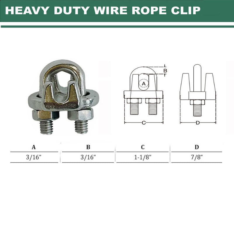 20 Pcs Heavy Duty Marine 316 Stainless Steel 3/16" Wire Rope Clip Cable Clamp