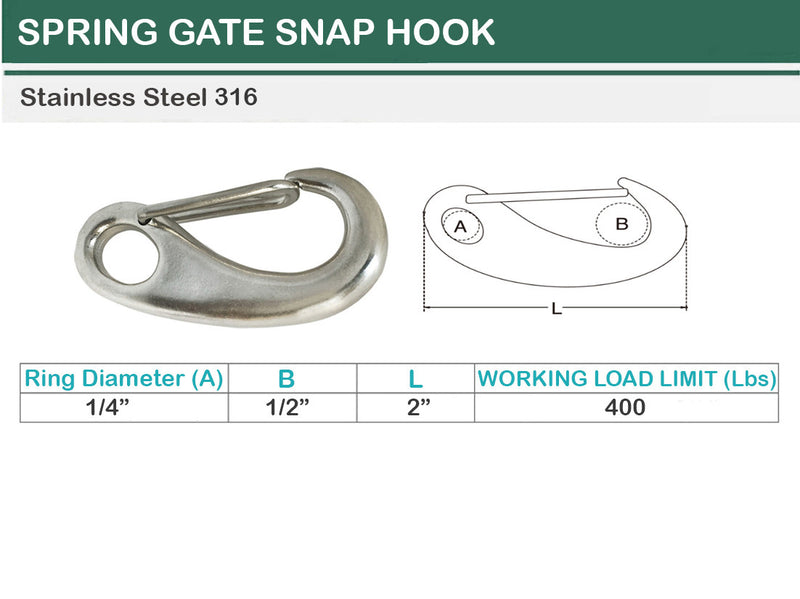 2" Stainless Steel 316 Gate Snap Hook Carabiner Boat Rigging 400 Lbs