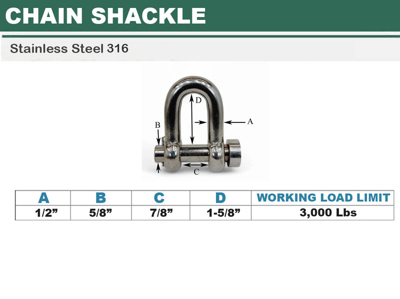 4 Pcs Mil-Spec Stainless Steel Forged 1/2" Round Pin Chain Shackle 3,000 Lb WLL