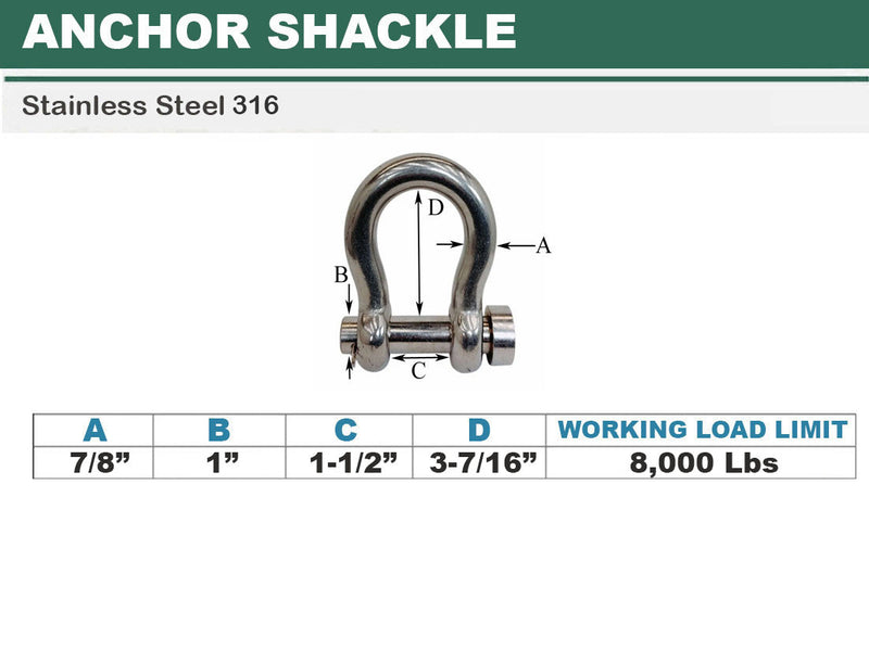 Marine Mil-Spec Stainless Steel Forged 7/8" Round Pin Anchor Shackle 8,000Lb WLL