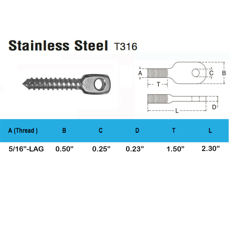 5 Pc 5/16'' - Lag Thread Size Stainless Steel T316 Threaded Eye Tab Boat Marine