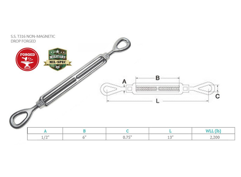 316 Stainless Steel Mil-Spec Drop Forged 1" x 12" EYE EYE Turnbuckle 8000 Lb WLL