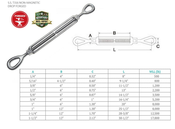 T316 Stainless Steel Drop Forged Mil-Spec EYE EYE Turnbuckle