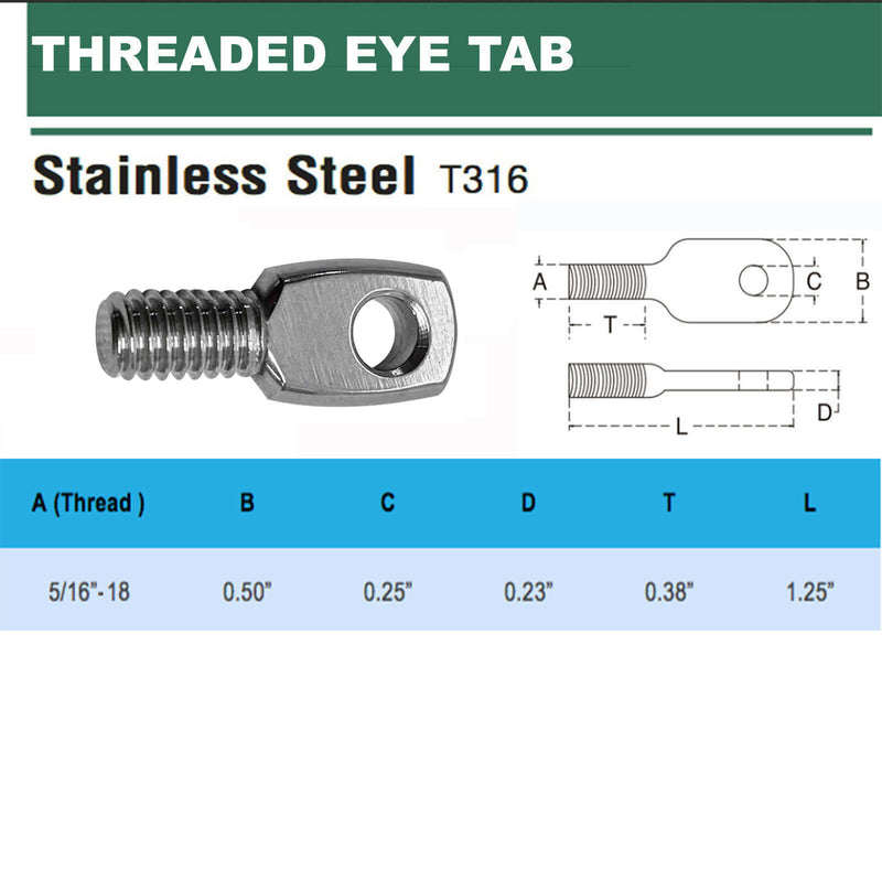 5 Pc 1-1/4'' Long,  5/16'' - 18 Thread Size Stainless Steel T316 Threaded Eye Tab Boat Marine