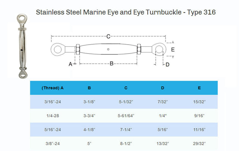 5 PC 3/6'' Marine Stainless Steel Closed Body Turnbuckle EYE EYE Rig 200 Lbs